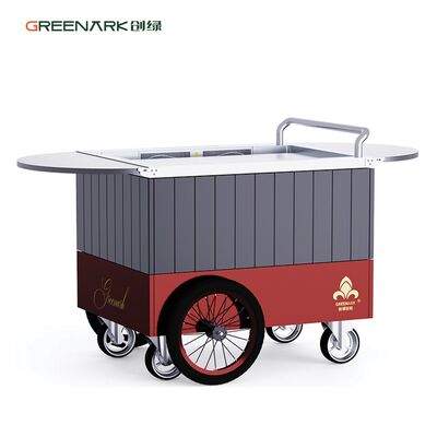 Bếp nướng Teppanyaki di động với tấm thép hợp kim đạt chuẩn thực phẩm nóng đến 250°C trong 8 phút, có bàn mở rộng và bánh xe 16 inch